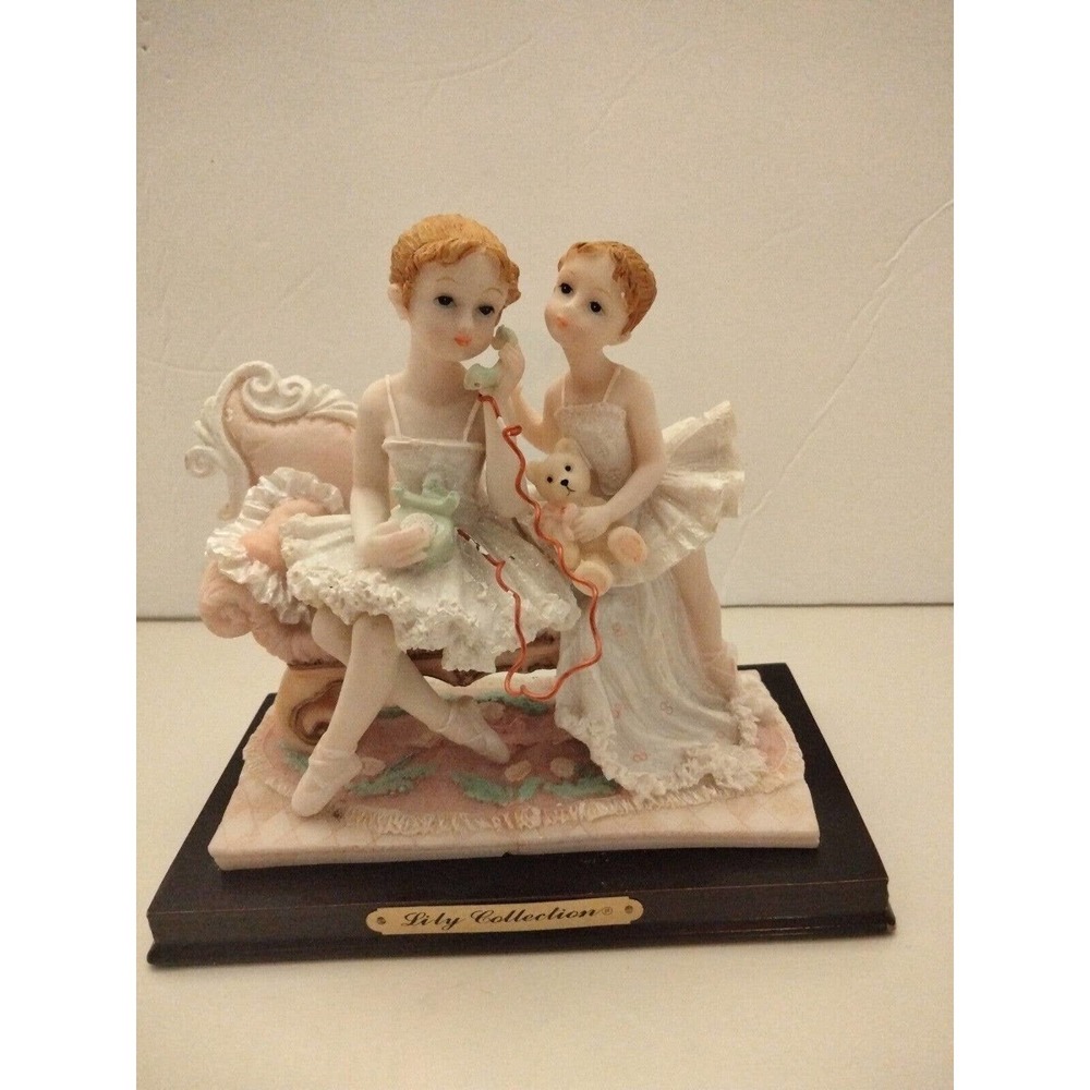 Vintage Lily Collection Ballerina Girls On Chair -Phone -Teddy Bear 6"x6"x3.25"